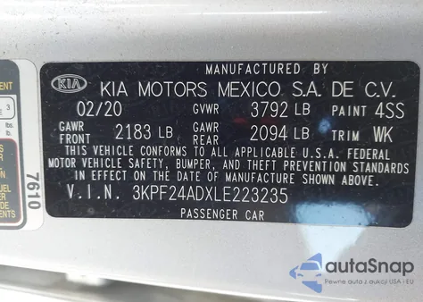 2020 Kia Forte Lxs from USA, damaged, VIN 3KPF24ADXLE223235